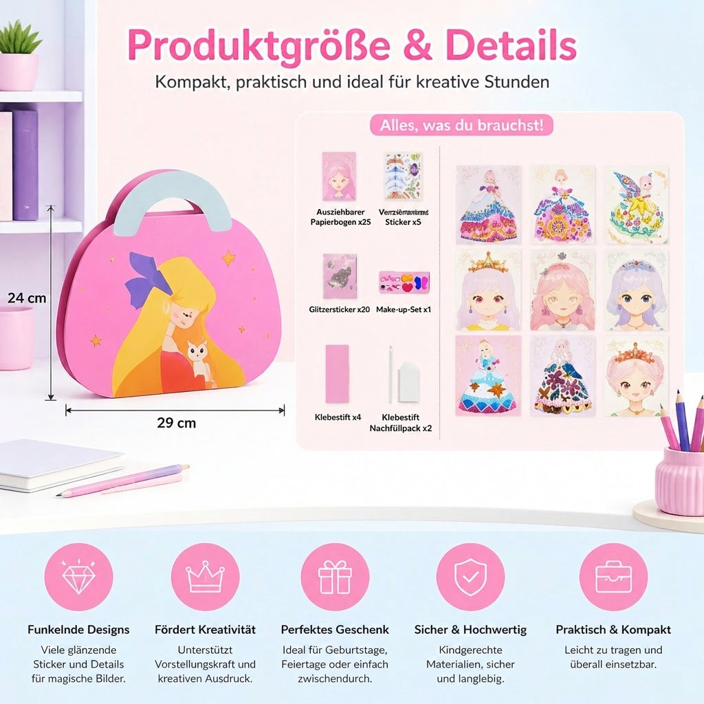 Prinzessin Diamant Sticker & Schminke Bastelset – Glitzer Kreativset für Mädchen