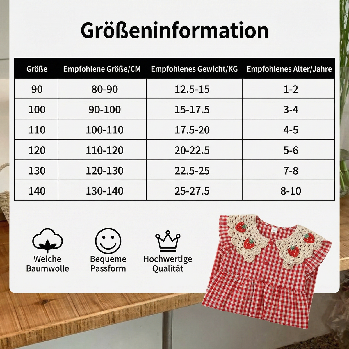 Süßes Mädchen-Sommerkleid mit Erdbeer-Kragen – Kariertes Baumwollkleid