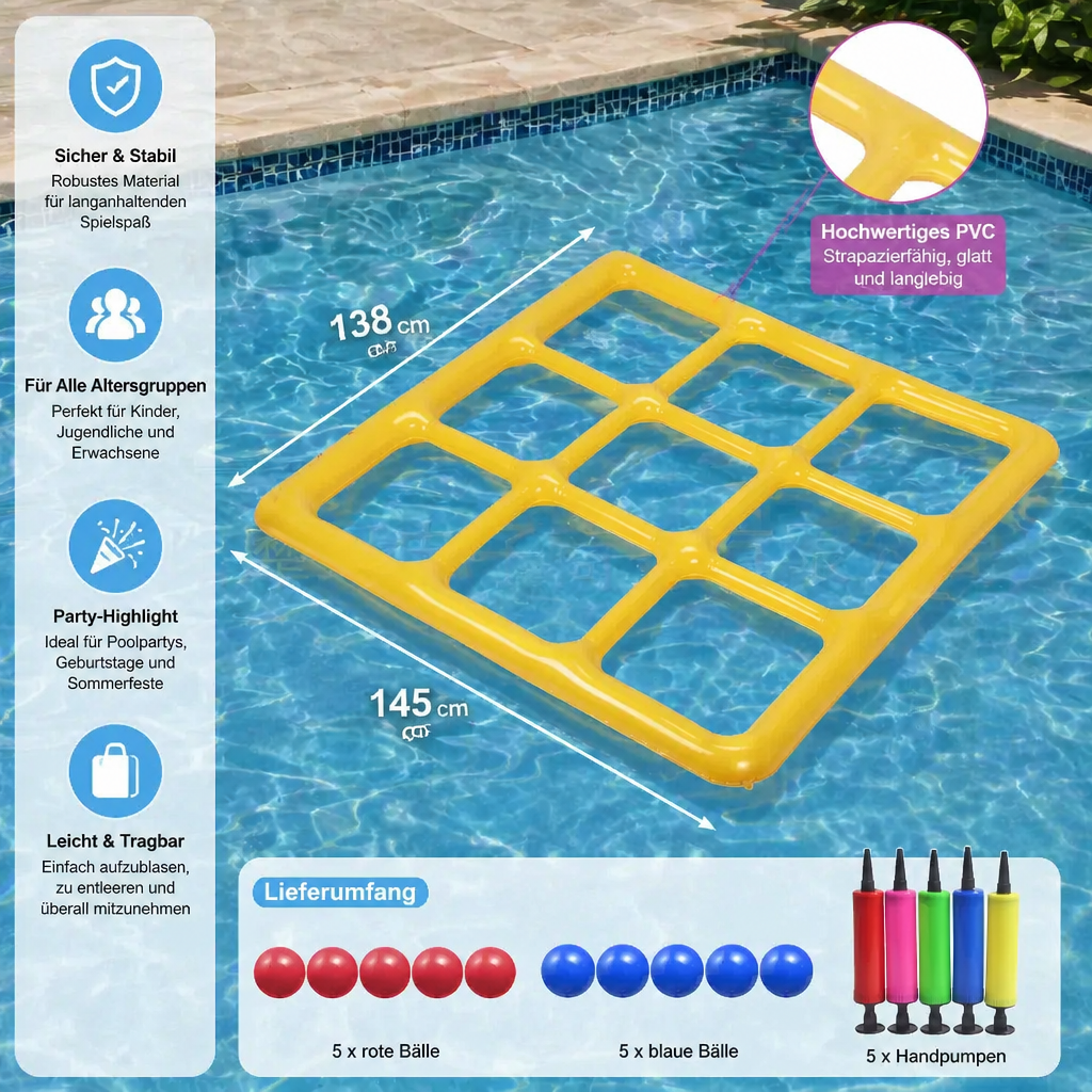 Aufblasbares Pool Tic-Tac-Toe Spiel – Wasser Party Spiel mit Bällen & Pumpe
