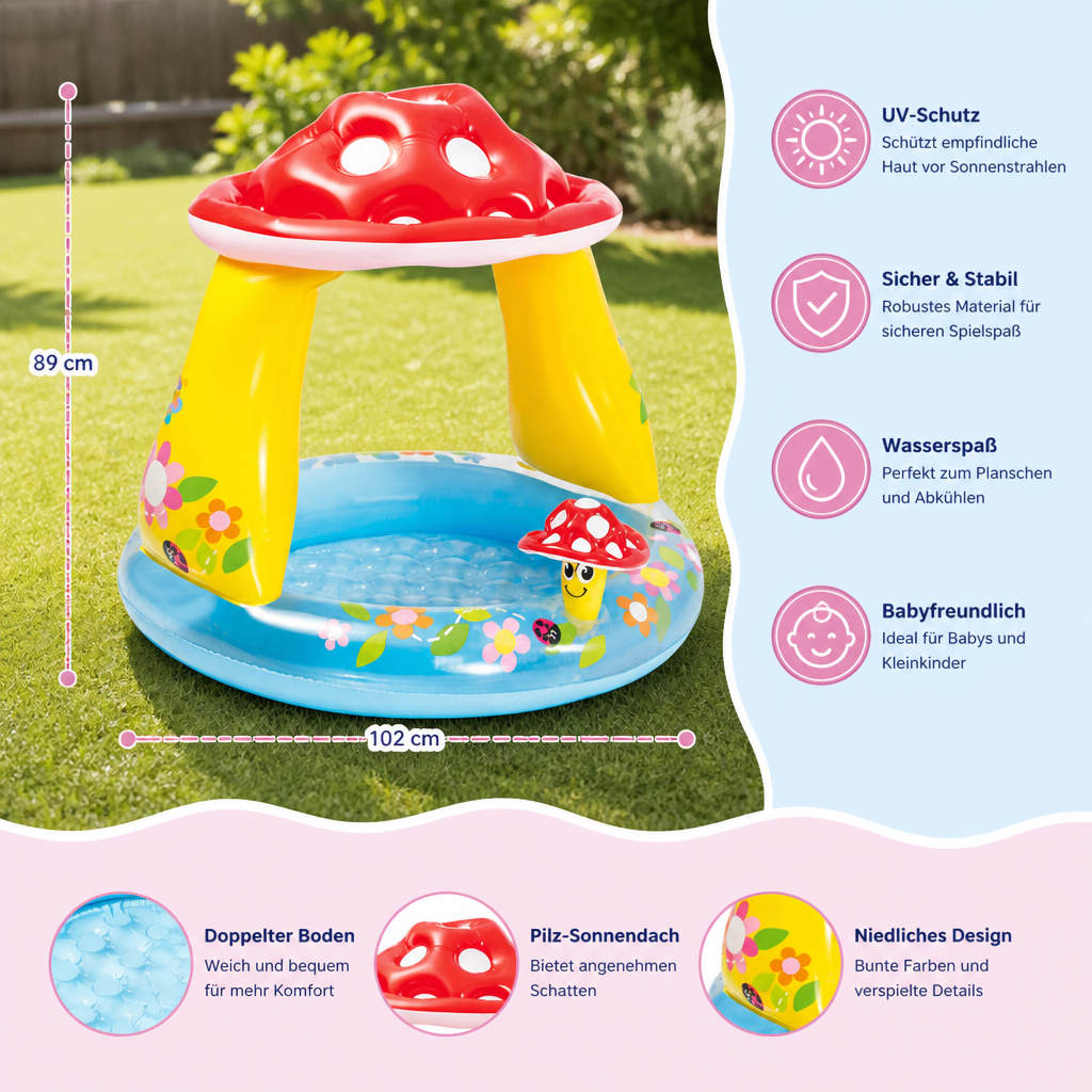 Kinder-Planschbecken mit Doppelboden & Pilz-Sonnendach – Komfortabler Baby-Spielpool & Bällebad