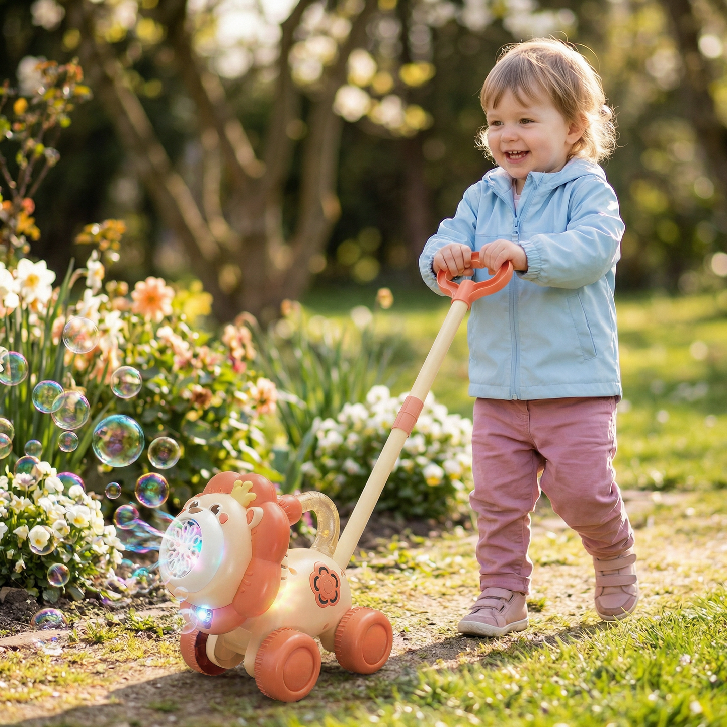 Leuchtender Seifenblasenwagen – Schiebe-Spielzeug für Kinder