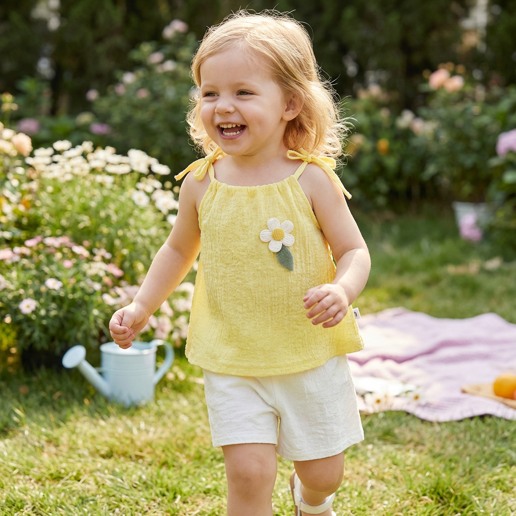 Sommerliches 2-teiliges Mädchen-Set im Koreanischen Stil – Blumen-Trägeroberteil mit Shorts