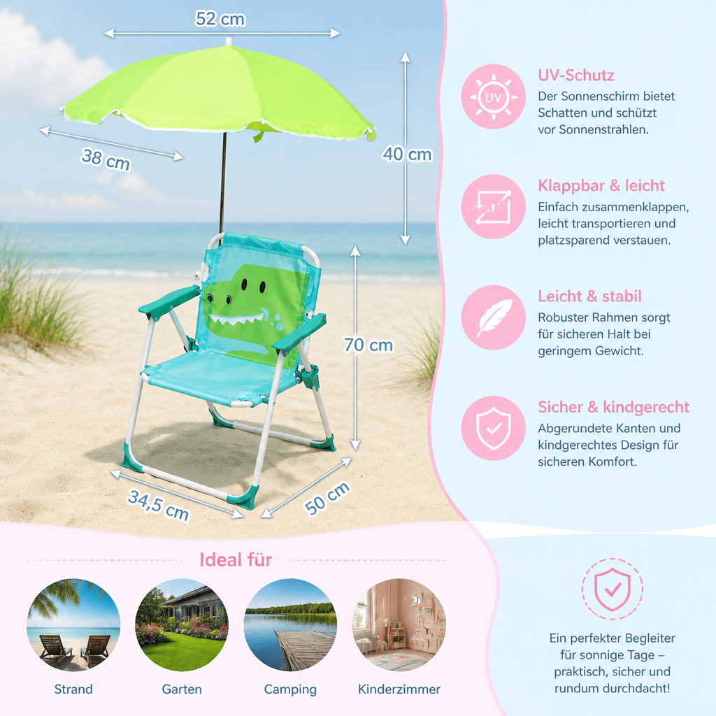 Faltbarer Kinder Strandstuhl mit Sonnenschirm und Dino Design