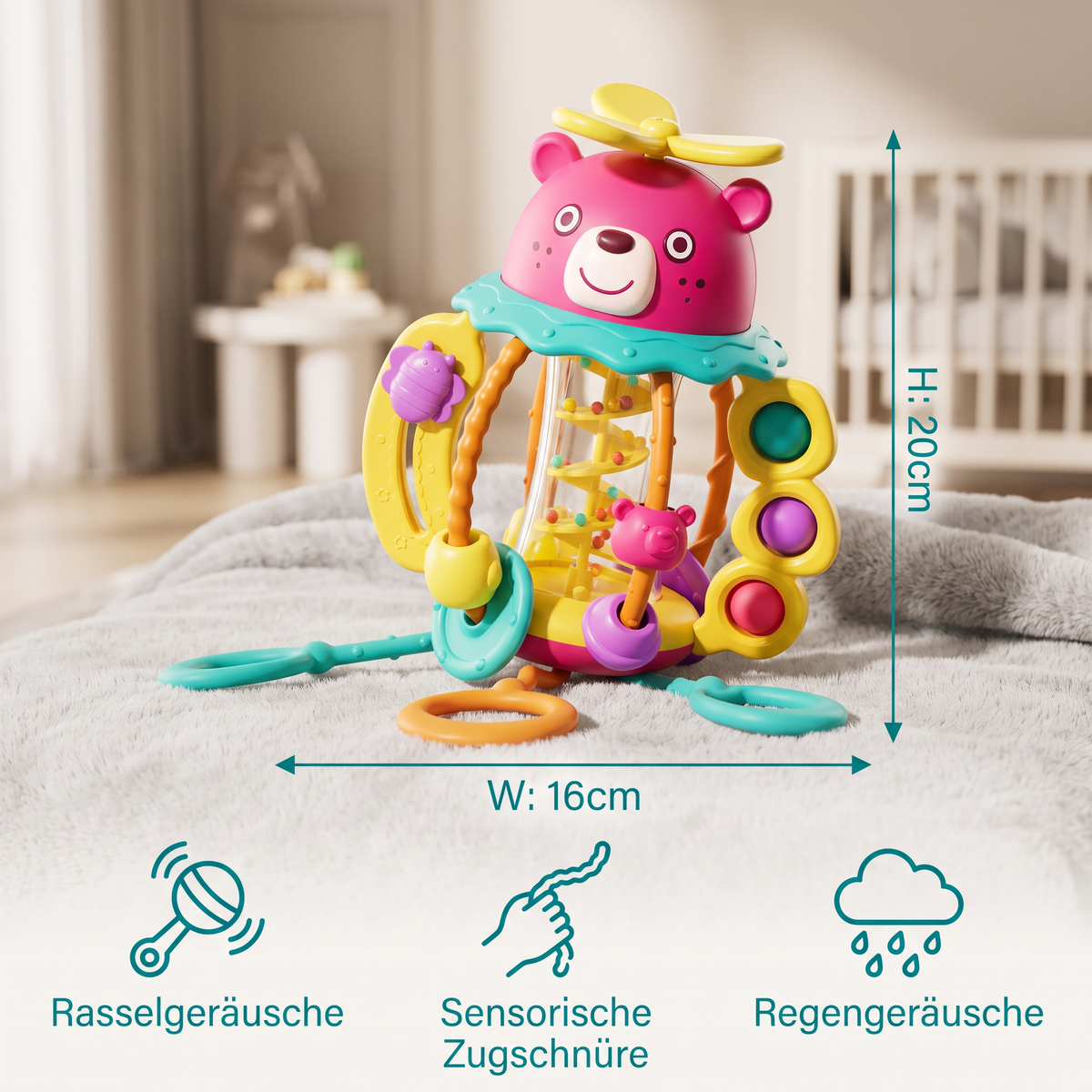 3-in-1 multisensorisches Beißspielzeug mit Zugschnüren, Rassel- & Regengeräuschen für Babys