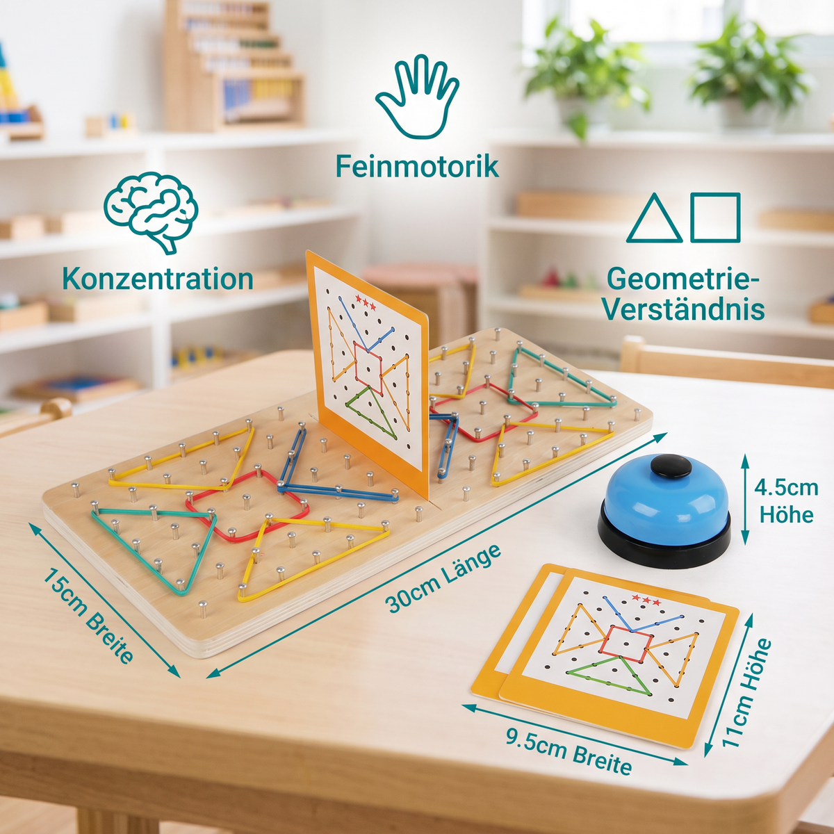 Montessori Holz-Geometrie-Duellspiel mit bunten Gummibändern