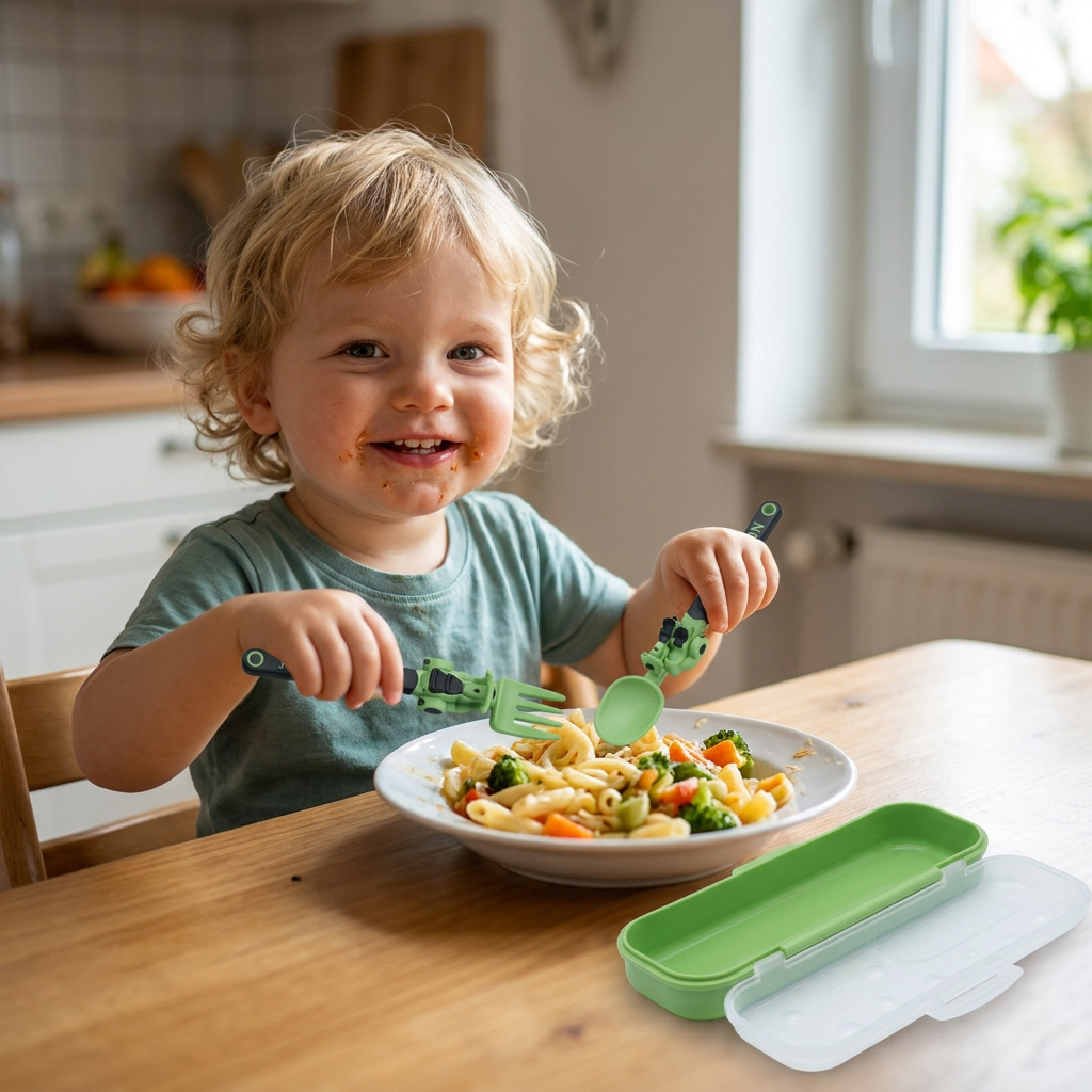 3-teiliges Kinder-Besteckset im Baufahrzeug-Design mit Löffel, Gabel & Reiseetui