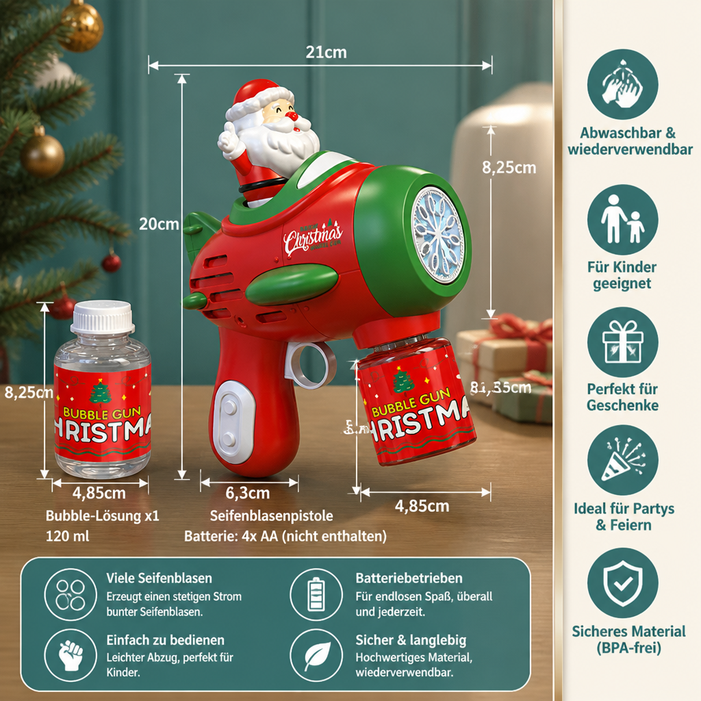 Elektrische Weihnachts-Seifenblasenpistole mit Licht & Sound für Kinder