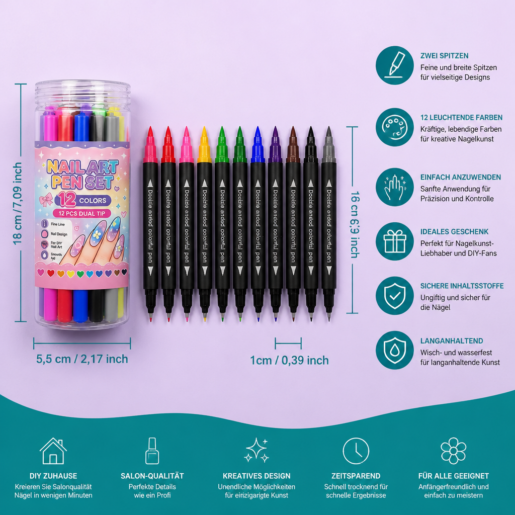 12-Farben-Nail-Art-Stifte-Set mit Doppelspitze – Für feine Details & kreative Designs