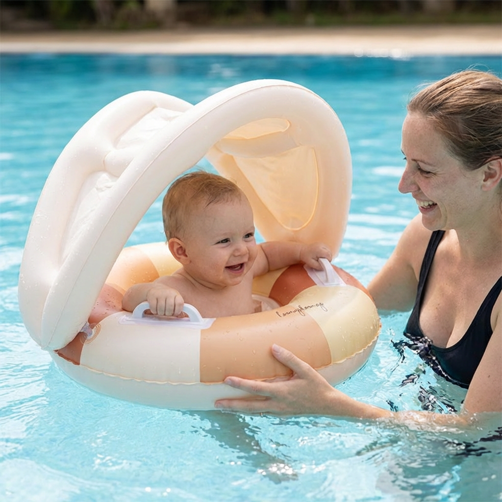 Aufblasbarer Retro Streifen Baby-Schwimmring mit abnehmbaren Sonnendach – Sicherer Sitz von 6–36 Monaten