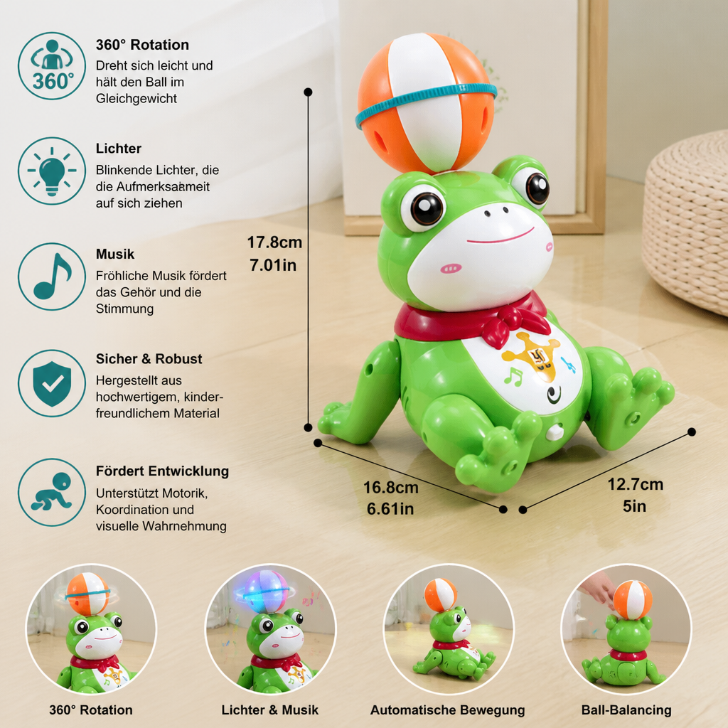 Interaktives Frosch-Balancierspielzeug mit Ball, Licht, Musik & 360°-Drehung