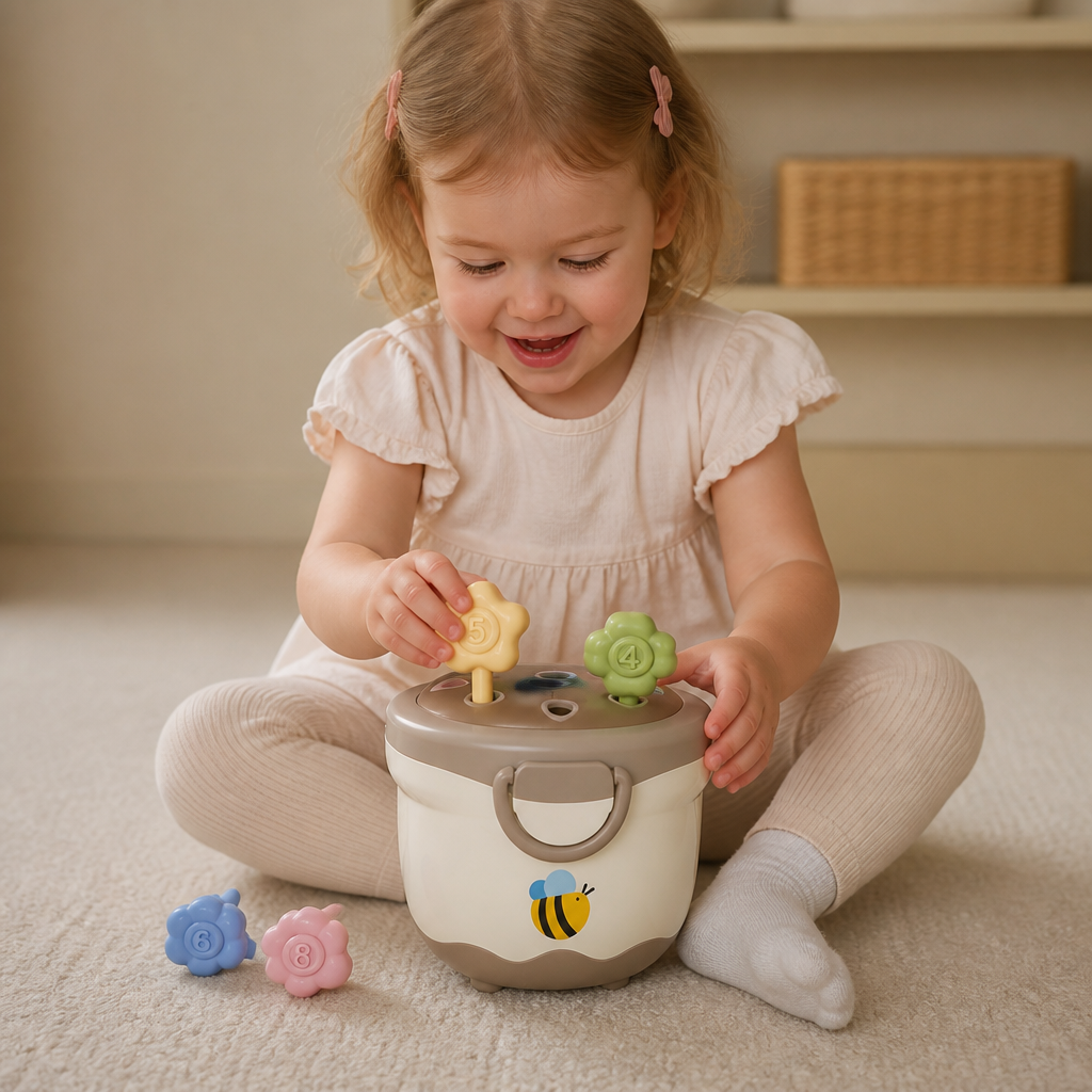 Montessori-Lernspiel mit Blumentopf zum Zuordnen von Farben & Zahlen