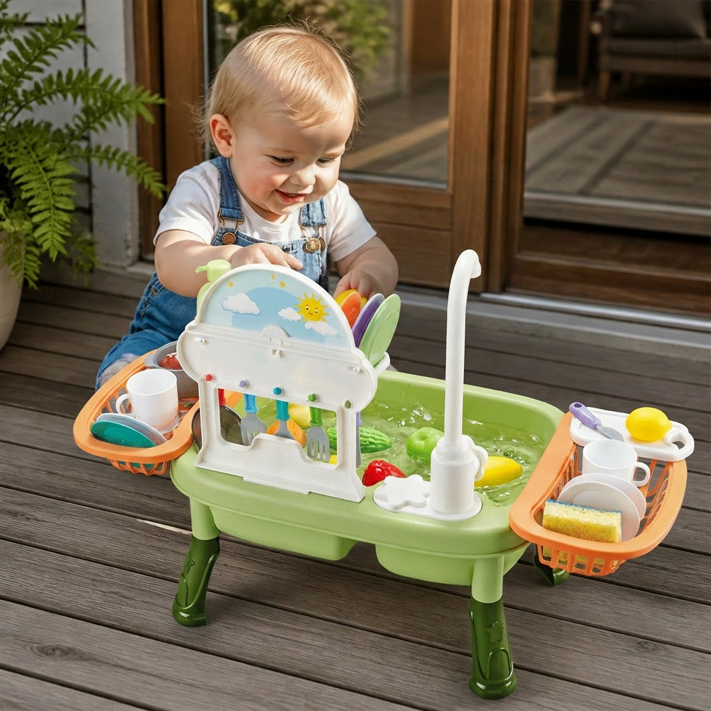Sommer Kinder-Spielküche mit Wasserfunktion – Spülbecken-Spielset mit Zubehör für realistischen Spielspaß