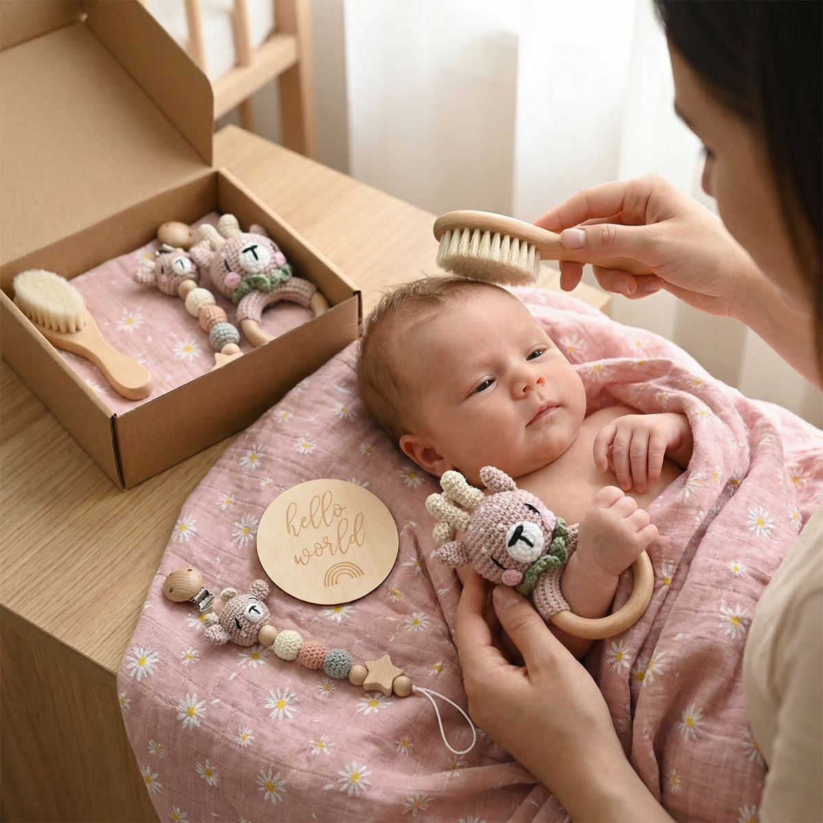 Neugeborenen Geschenkbox – Häkel-Tier Rassel, Holzspielzeug, Musselin Decke & Schnullerkette