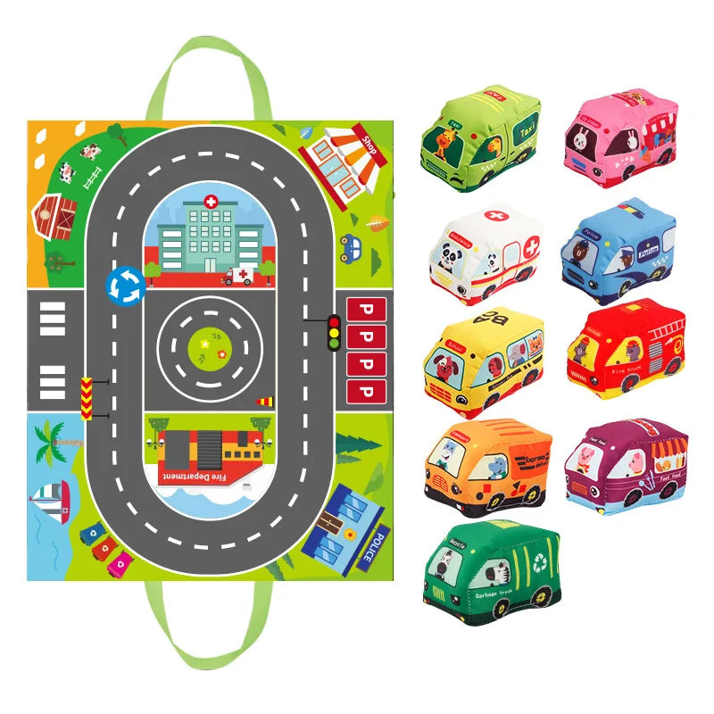 Cartoon-Abenteuer – Auto-Spielmatte mit Stofffahrzeugen für Kinder