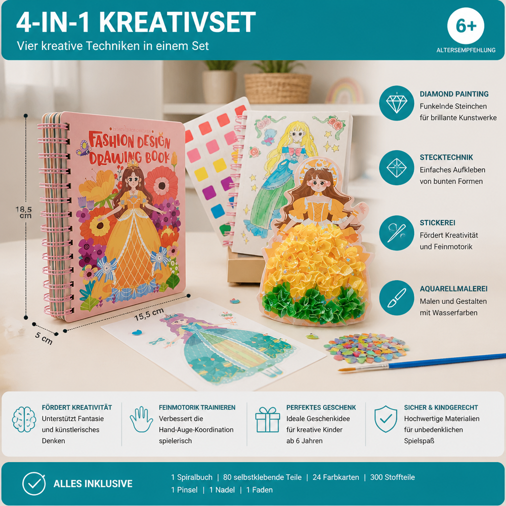4-in-1 Feenprinzessin-Kunstset für Kinder mit Diamond Painting, Stecktechnik, Stickerei & Aquarell