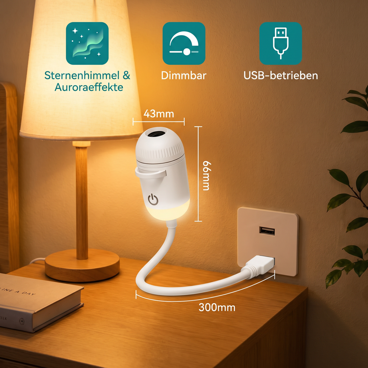 NightSky dimmbarer USB-Galaxieprojektor mit Sternen- & Auroraeffekten