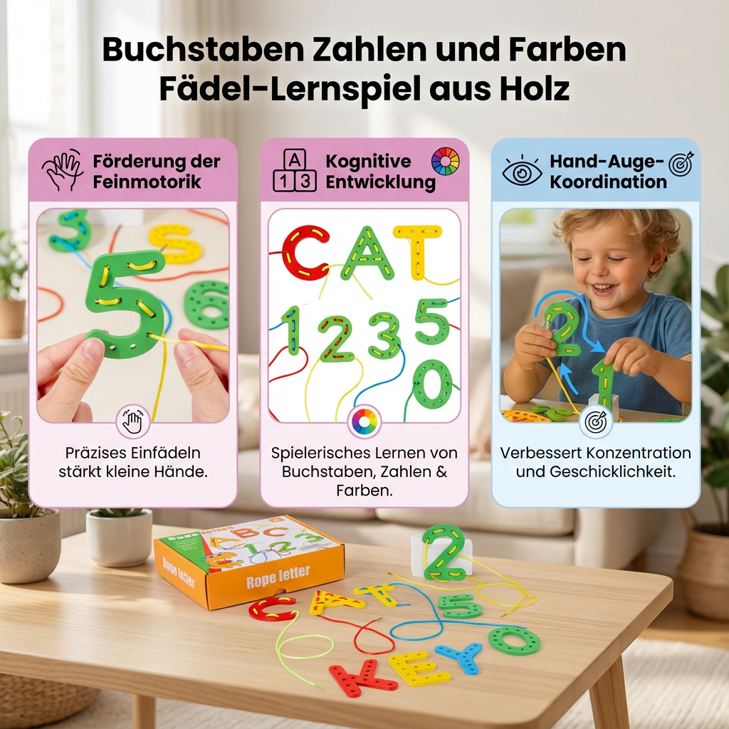 Buchstaben Zahlen und Farben Fädel-Lernspiel aus Holz