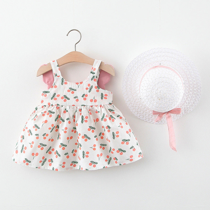 Sommerliches 2in1 Set Mädchenkleid mit Kirschmuster im Koreanischen Stil inkl Strohhut