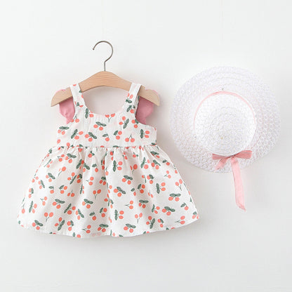 Sommerliches 2in1 Set Mädchenkleid mit Kirschmuster im Koreanischen Stil inkl Strohhut