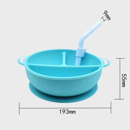 Silikon Baby Teller mit Strohhalm – Rutschfestes Design für Einfache Mahlzeiten