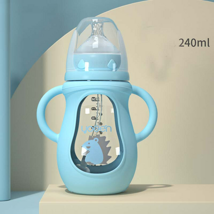 Baby Trinkflasche mit Griffen –  Silikon mit Weichem Sauger & Tiermotiv