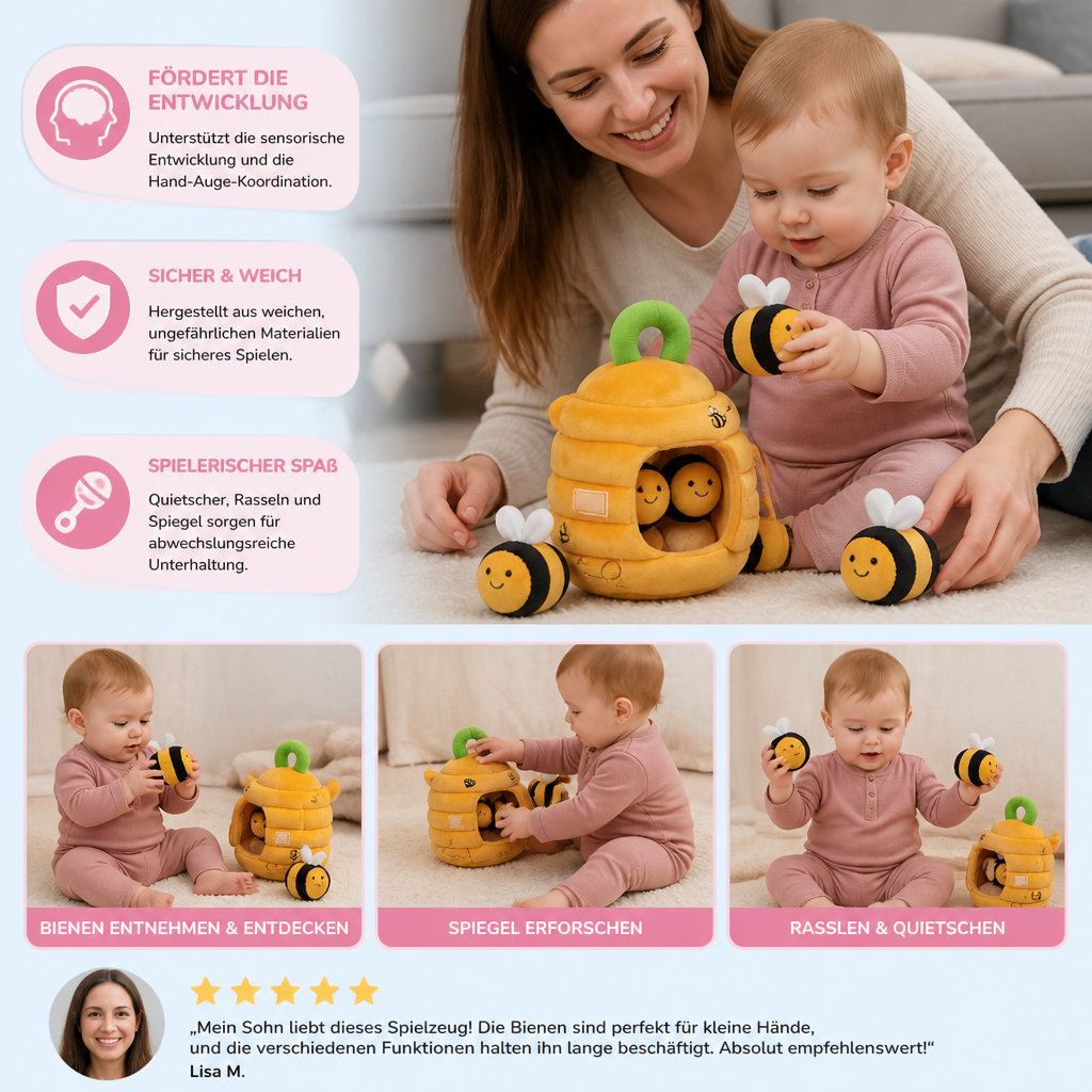 Baby Bienenstock Sensorik Spielzeug mit Bienen Rasseln Quietscher und Spiegel
