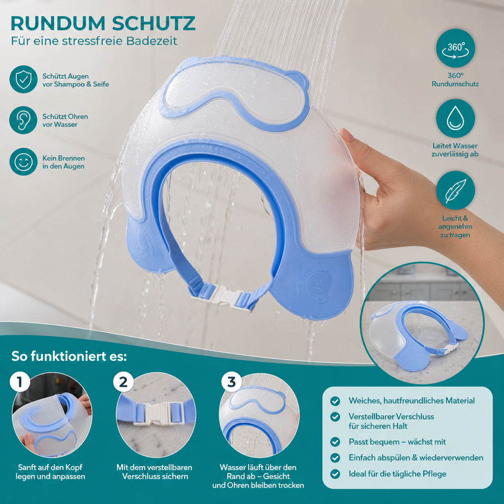 Verstellbarer Baby-Wasser- & Shampoo-Schutzschirm mit 360° Augen- & Ohrenschutz