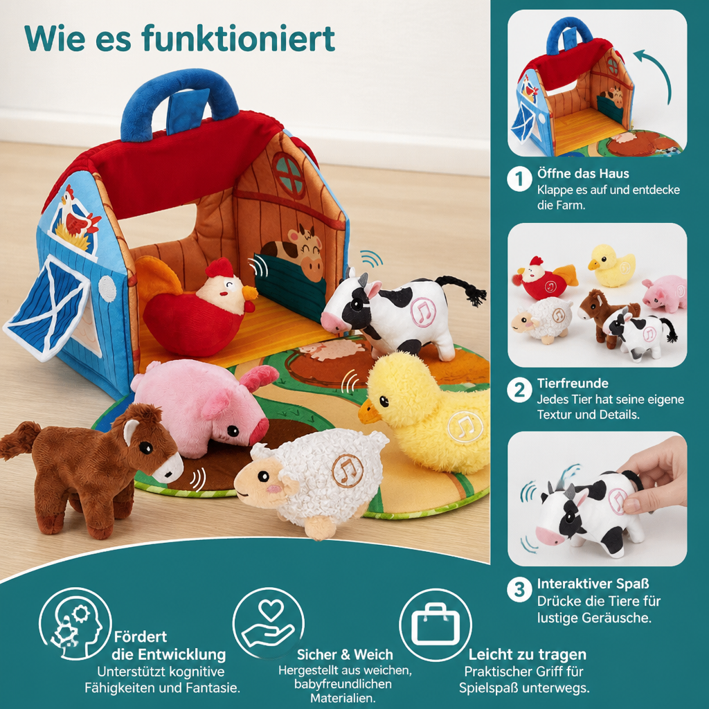 Plüsch-Spielset mit Bauernhoftieren – Interaktives Lernspielzeug mit tragbarem Spielhaus