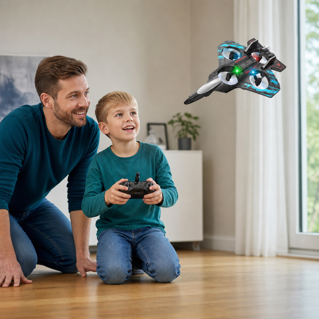 Robuste RC-Kampfjet-Drohne aus Schaumstoff für drinnen & draußen – 360°-Flips & LED-Lichter