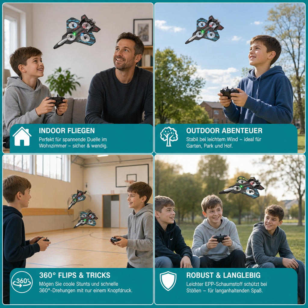 Robuste RC-Kampfjet-Drohne aus Schaumstoff für drinnen & draußen – 360°-Flips & LED-Lichter