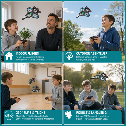 Robuste RC-Kampfjet-Drohne aus Schaumstoff für drinnen & draußen – 360°-Flips & LED-Lichter