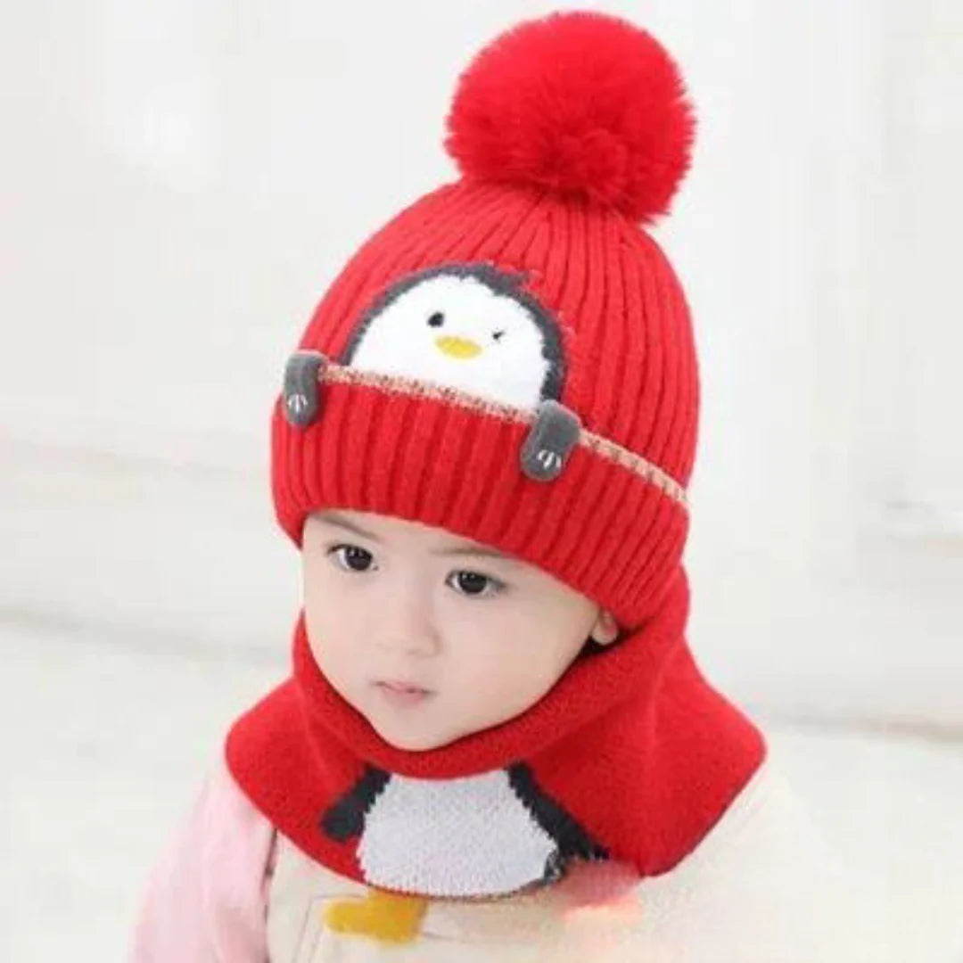 Warmer Pinguin-Look – Strickmütze & Schal-Set für Kinder