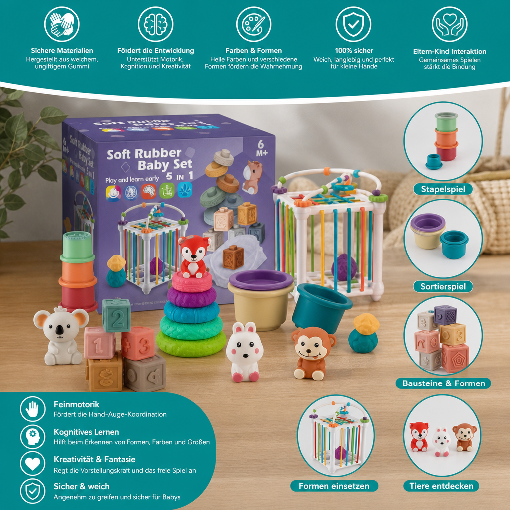 5-in-1 Montessori-Sensorik-Spielset für Babys aus weichem Gummi mit Stapel- & Sortierspielzeug – 26 Teile