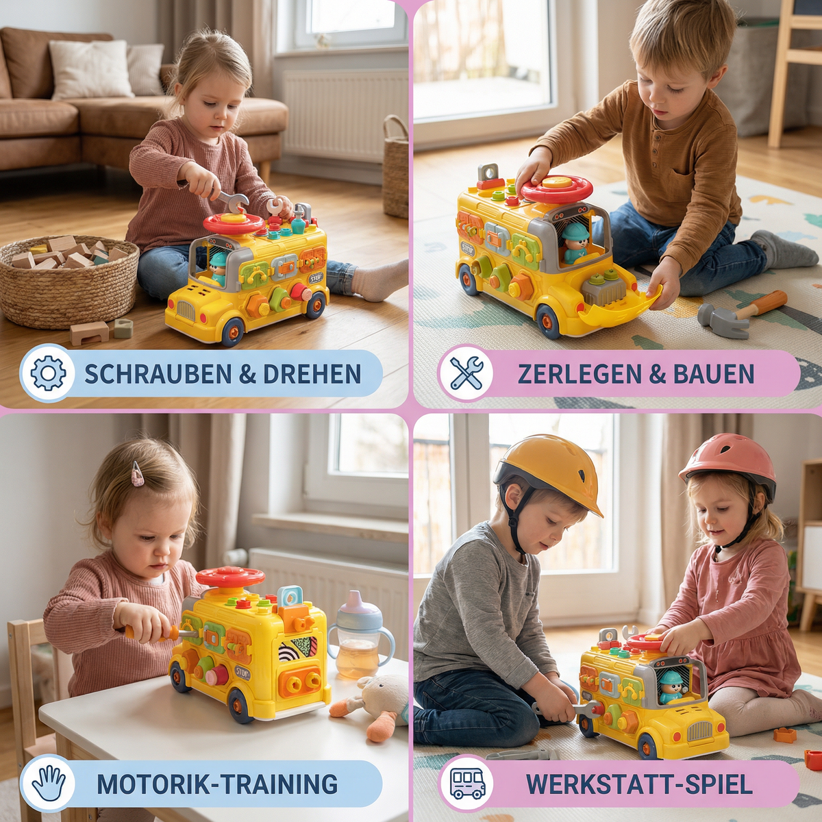 7in1 Montessori Schraubbus – Bau & Motorik Lernspielzeug zum Zerlegen und Zusammenbauen