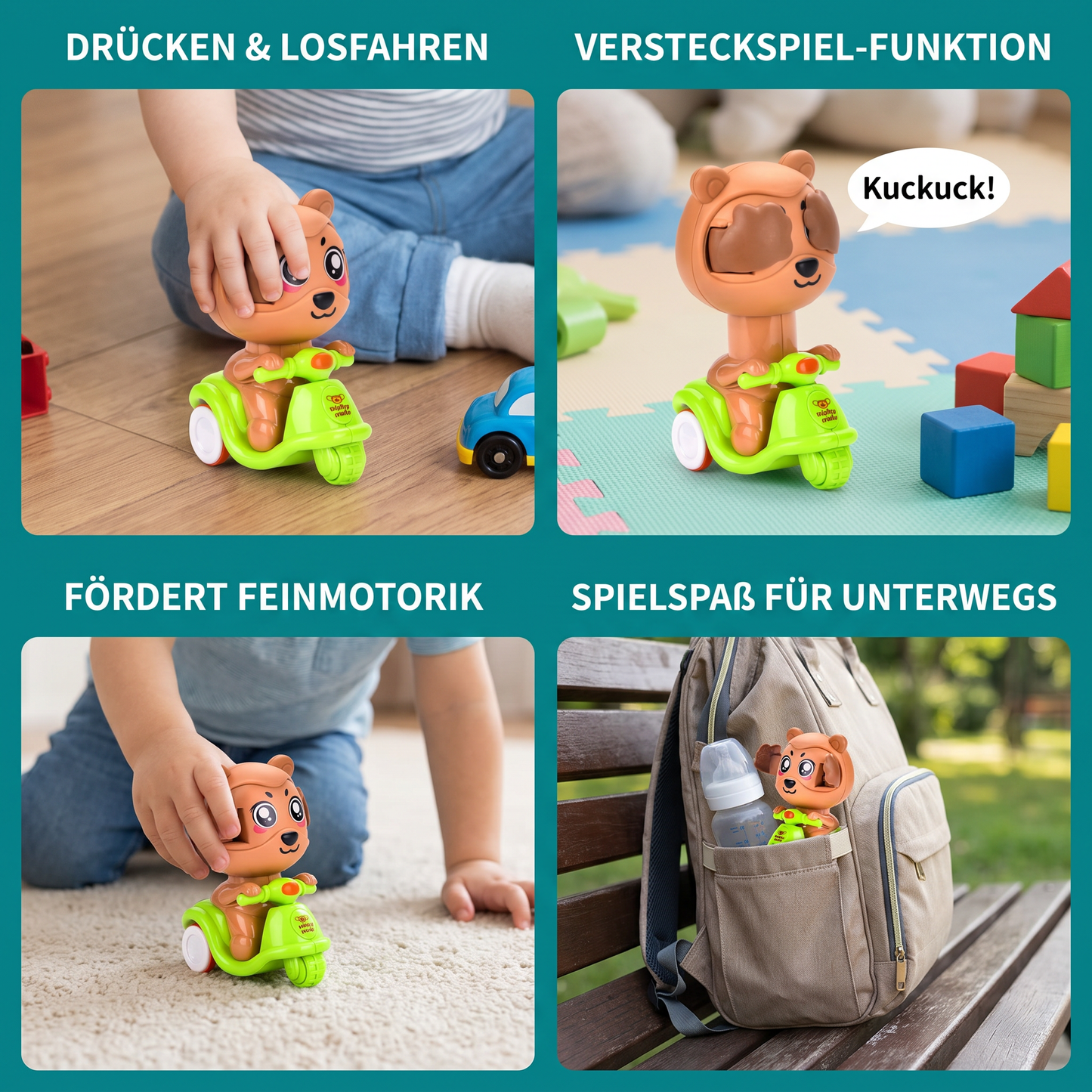 Drück- & Los-Tiermotorrad-Spielzeug – Süßes Versteckspiel-Fahrzeug