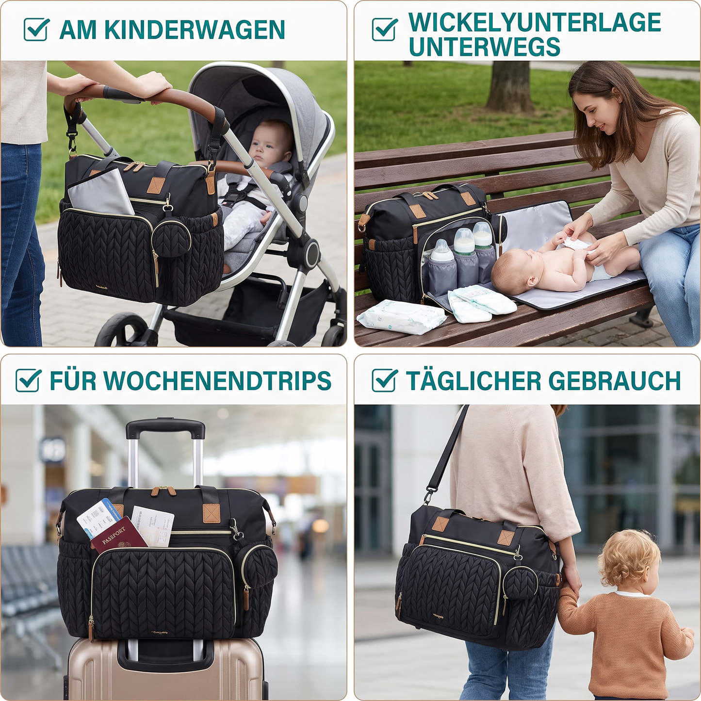 Leichte wasserdichte Wickeltasche – Großes Fassungsvermögen mit Wickelunterlage & Schnullerbox