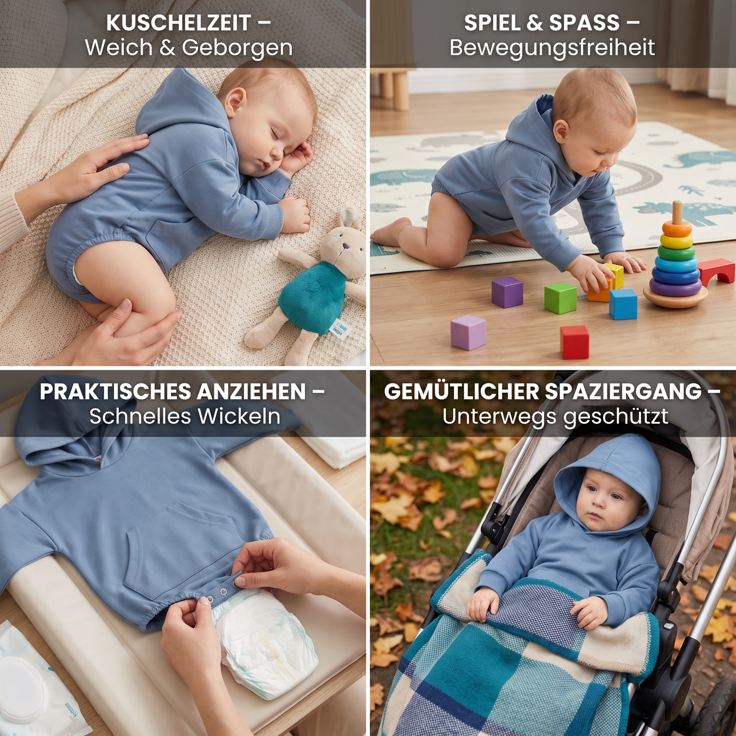 Baby-Strampler mit Kapuze – Weicher Langarm-Einteiler mit Fronttasche