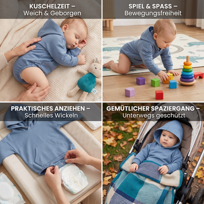 Baby-Strampler mit Kapuze – Weicher Langarm-Einteiler mit Fronttasche