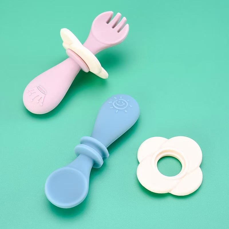 Baby Besteck Set aus Silikon – Lernlöffel & Gabel mit Sicherheitsring für Kleinkinder