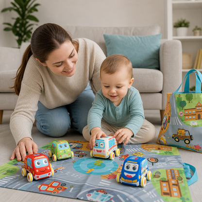 Weiches Plüsch-Rückziehauto-Set mit 2-in-1 Spielmatte & Aufbewahrungstasche