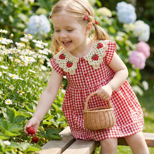 Süßes Mädchen-Sommerkleid mit Erdbeer-Kragen – Kariertes Baumwollkleid