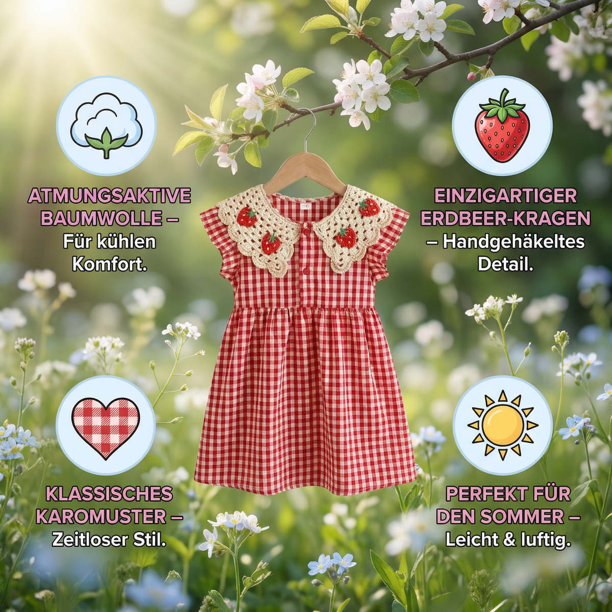 Süßes Mädchen-Sommerkleid mit Erdbeer-Kragen – Kariertes Baumwollkleid
