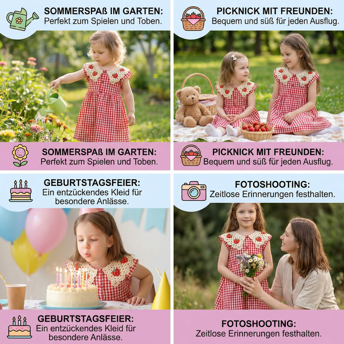 Süßes Mädchen-Sommerkleid mit Erdbeer-Kragen – Kariertes Baumwollkleid