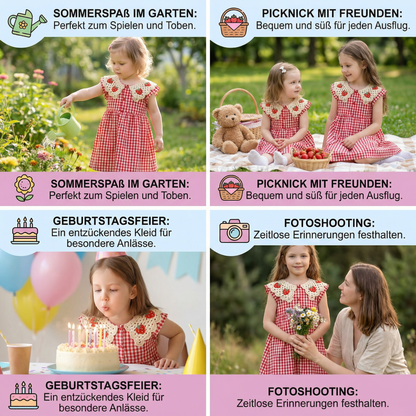 Süßes Mädchen-Sommerkleid mit Erdbeer-Kragen – Kariertes Baumwollkleid