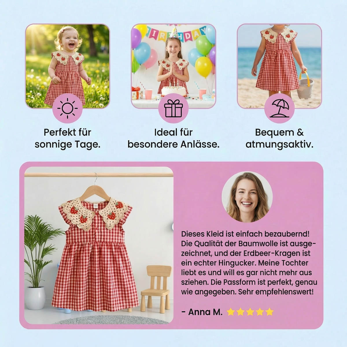 Süßes Mädchen-Sommerkleid mit Erdbeer-Kragen – Kariertes Baumwollkleid
