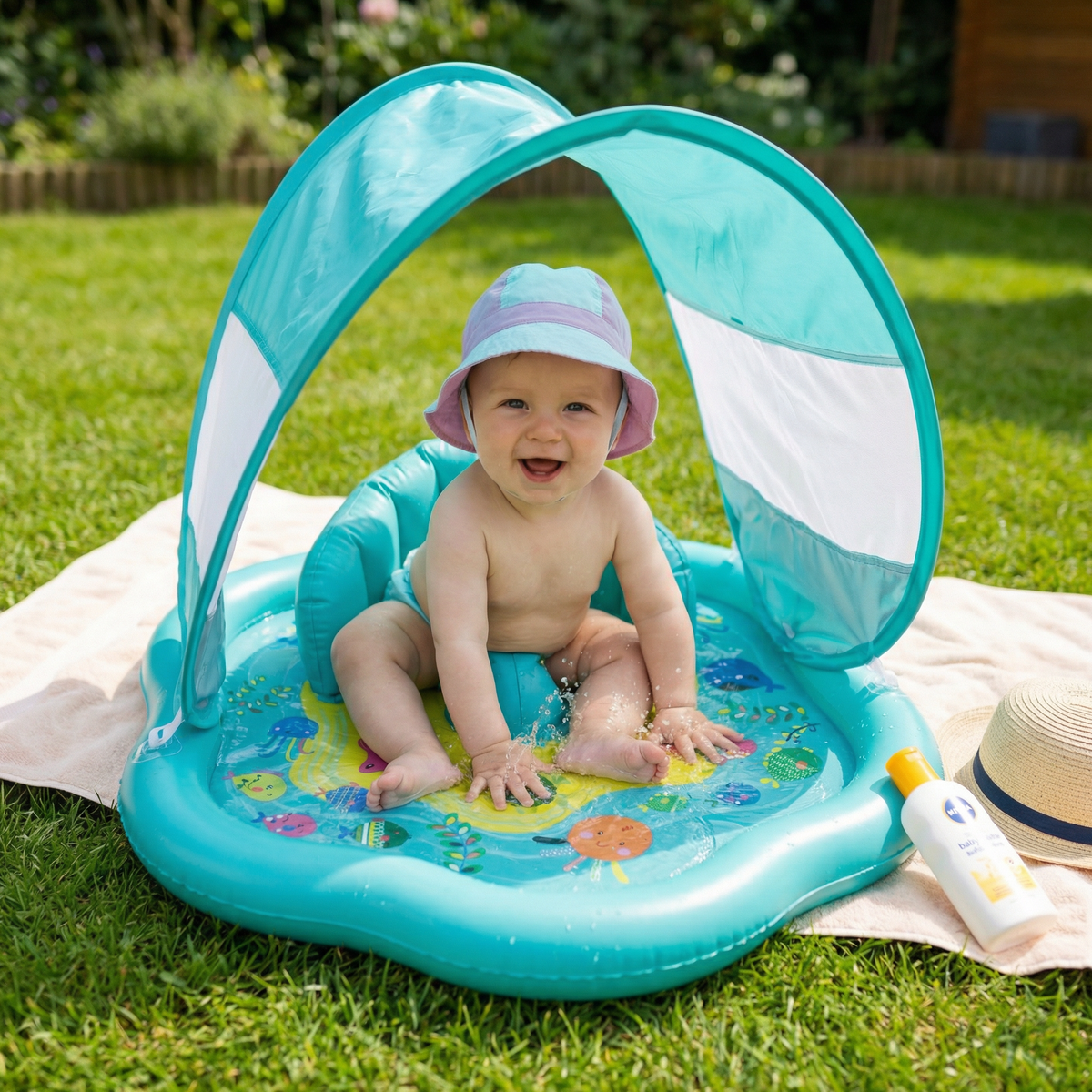 Aufblasbare Wasserspielmatte für Babys mit Sonnenschutz – Perfekt für den Sommer