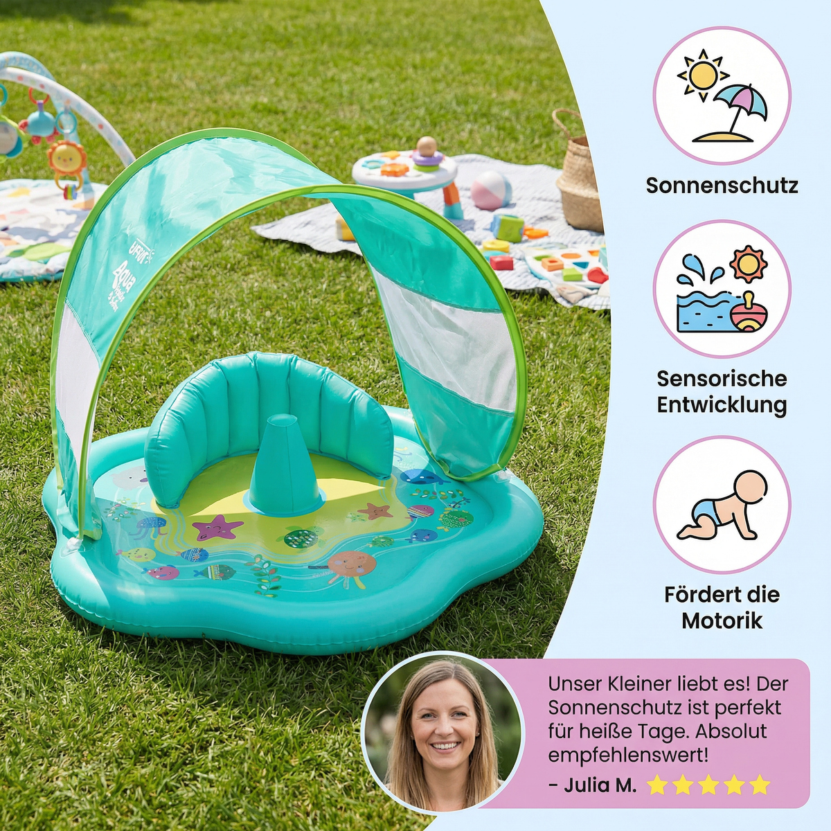 Aufblasbare Wasserspielmatte für Babys mit Sonnenschutz – Perfekt für den Sommer