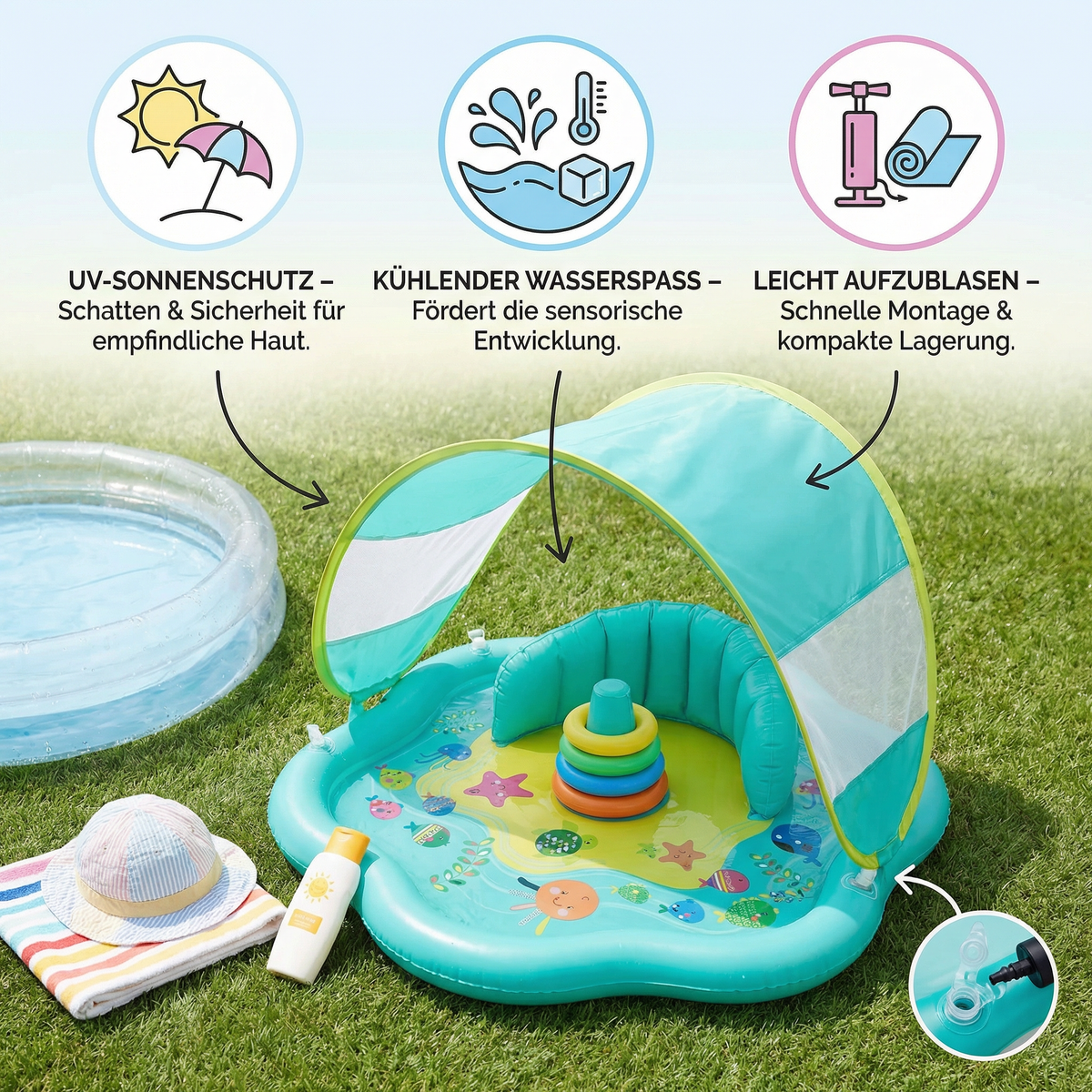 Aufblasbare Wasserspielmatte für Babys mit Sonnenschutz – Perfekt für den Sommer