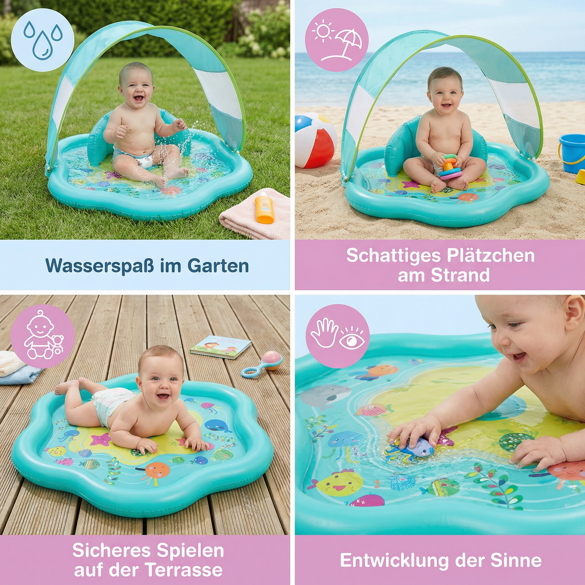 Aufblasbare Wasserspielmatte für Babys mit Sonnenschutz – Perfekt für den Sommer