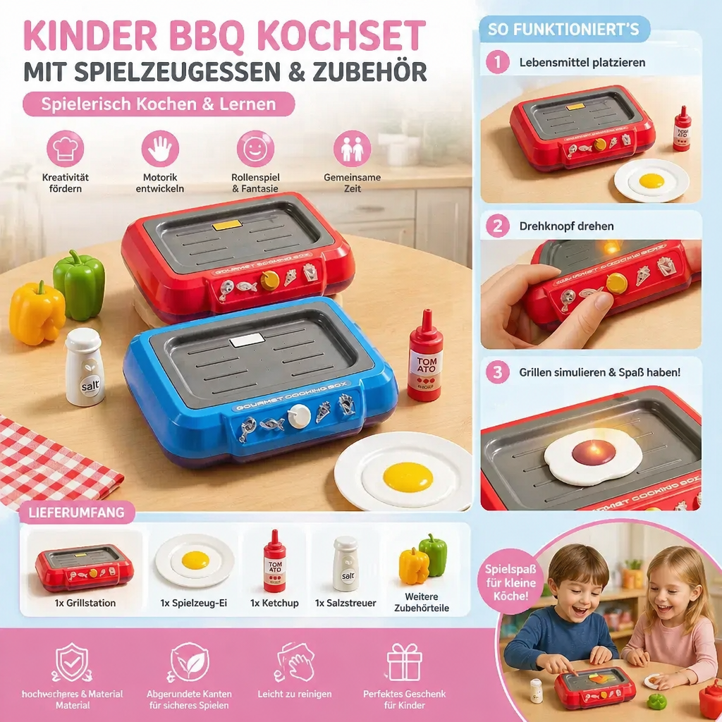 Kinder BBQ Kochset mit Spielzeugessen & Zubehör